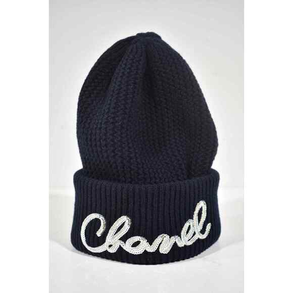 Chanel 22A Cashmere Navy Blue Silver Sequin CC Logo Beanie Winter Hat Cap Cloche - Picture 2 of 10